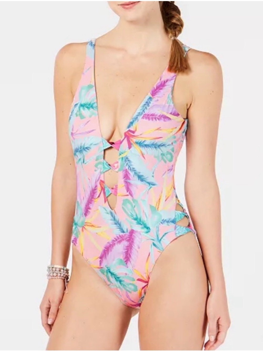 Bar III Pink Tropical Print One-Piece Swimsuit with Teardrop Cutouts